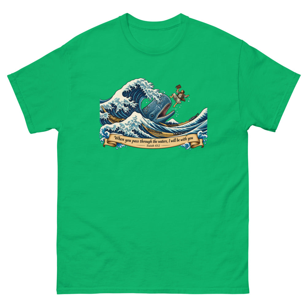 Woodblock style great wave with Jonah and a whale and the words When you pass through the waters I will be with you on a Irish Green shirt