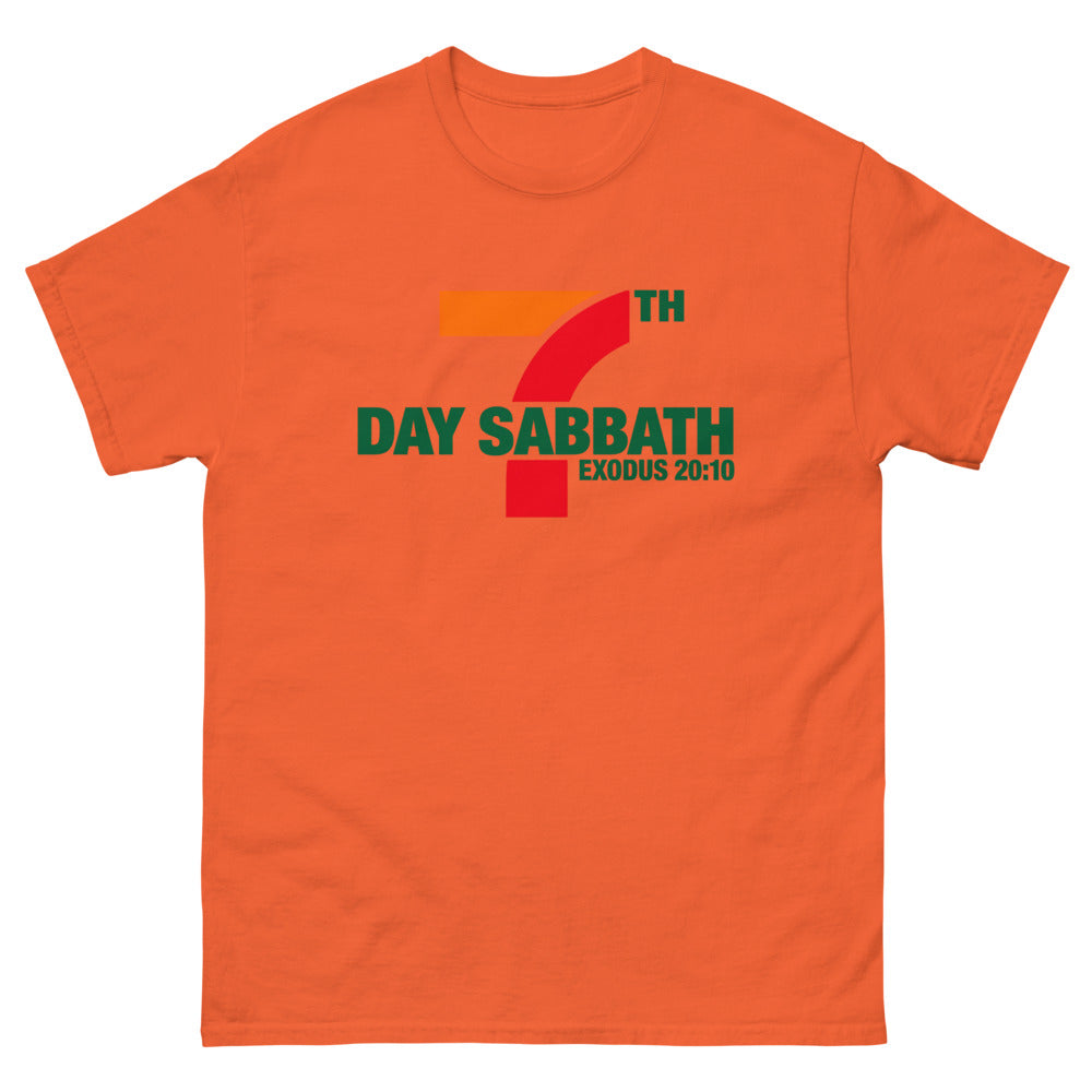 Orange red and green sign parody reading 7th Day Sabbath, Exodus 20:10 on a Orange shirt