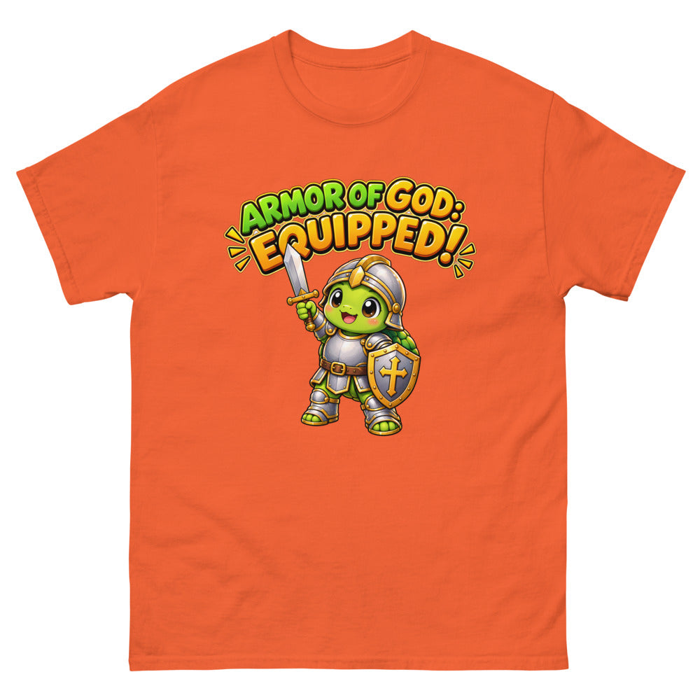Cartoon turtle in knight armor with sword and shield and the words Armor Of God Equipped on a Orange shirt