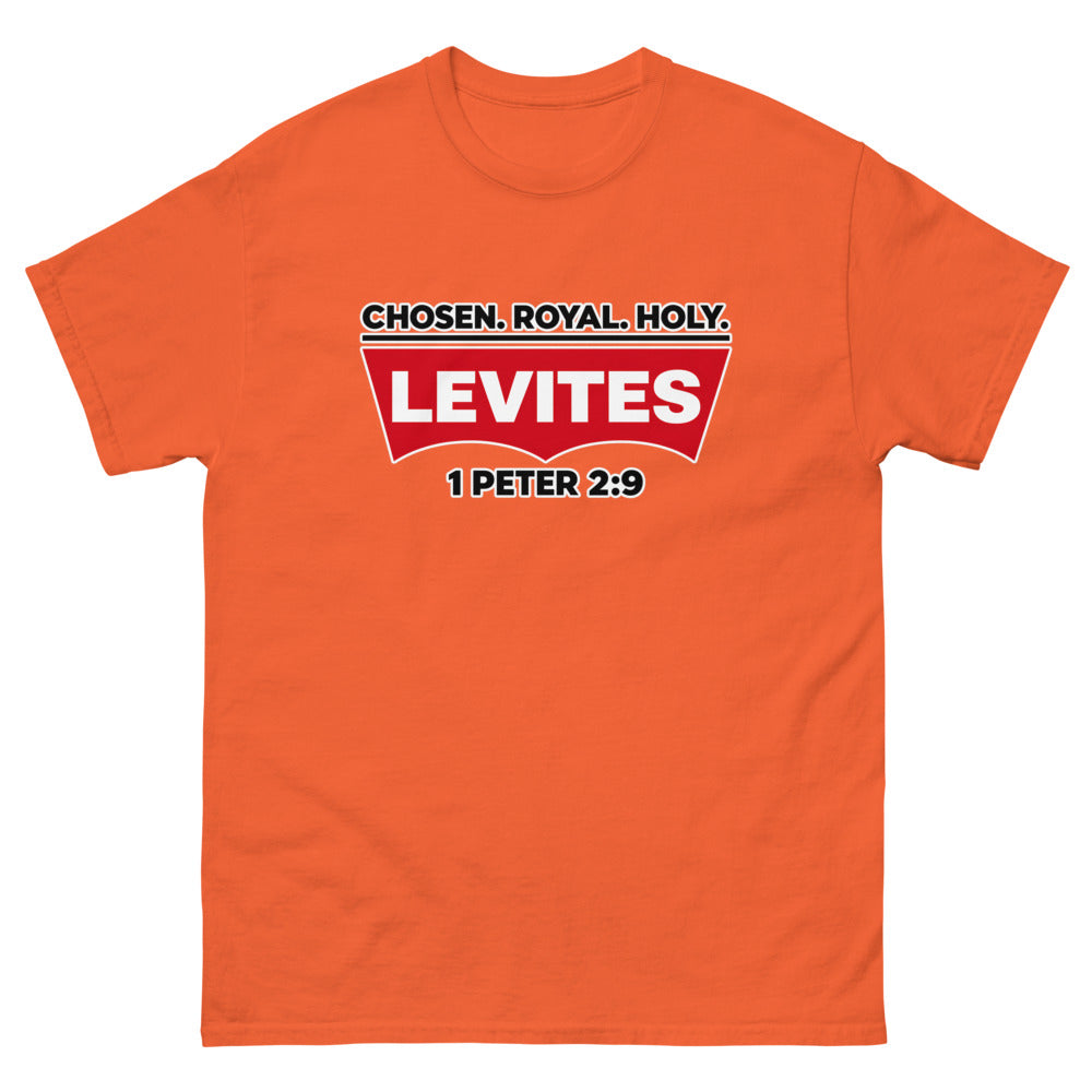 Red batwing patch reading Levites with Chosen Royal Holy and 1 Peter 2:9 on a Orange shirt