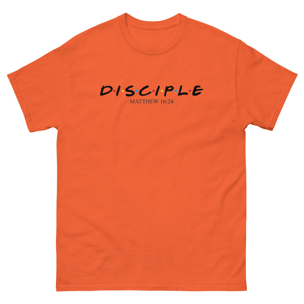 Sitcom style title lettering with coloured dots reading Disciple, Matthew 16:24 on a Orange shirt