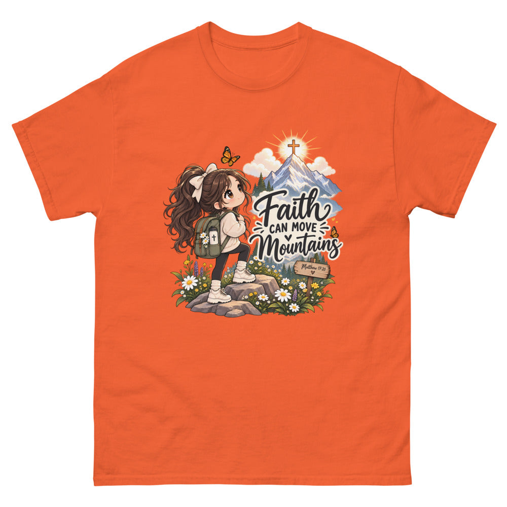 Chibi hiker girl looking at a mountain with a cross and the words Faith Can Move Mountains on a Orange shirt