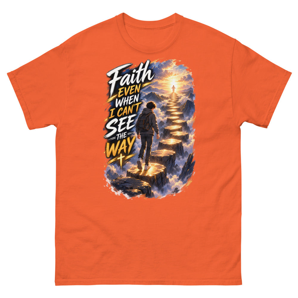 Anime boy climbing a glowing stairway in the clouds with the words Faith Even When I Can't See The Way on a Orange shirt