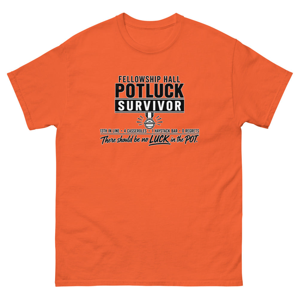 Military style badge reading Fellowship Hall Potluck Survivor with a medal on a Orange shirt