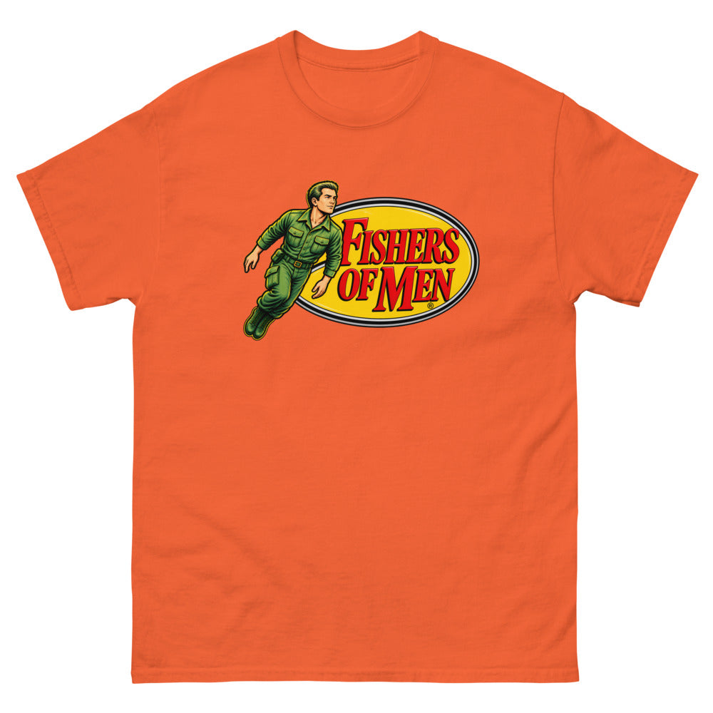 Action figure toy logo parody with a figure leaping from a yellow oval reading Fishers of Men on a Orange shirt