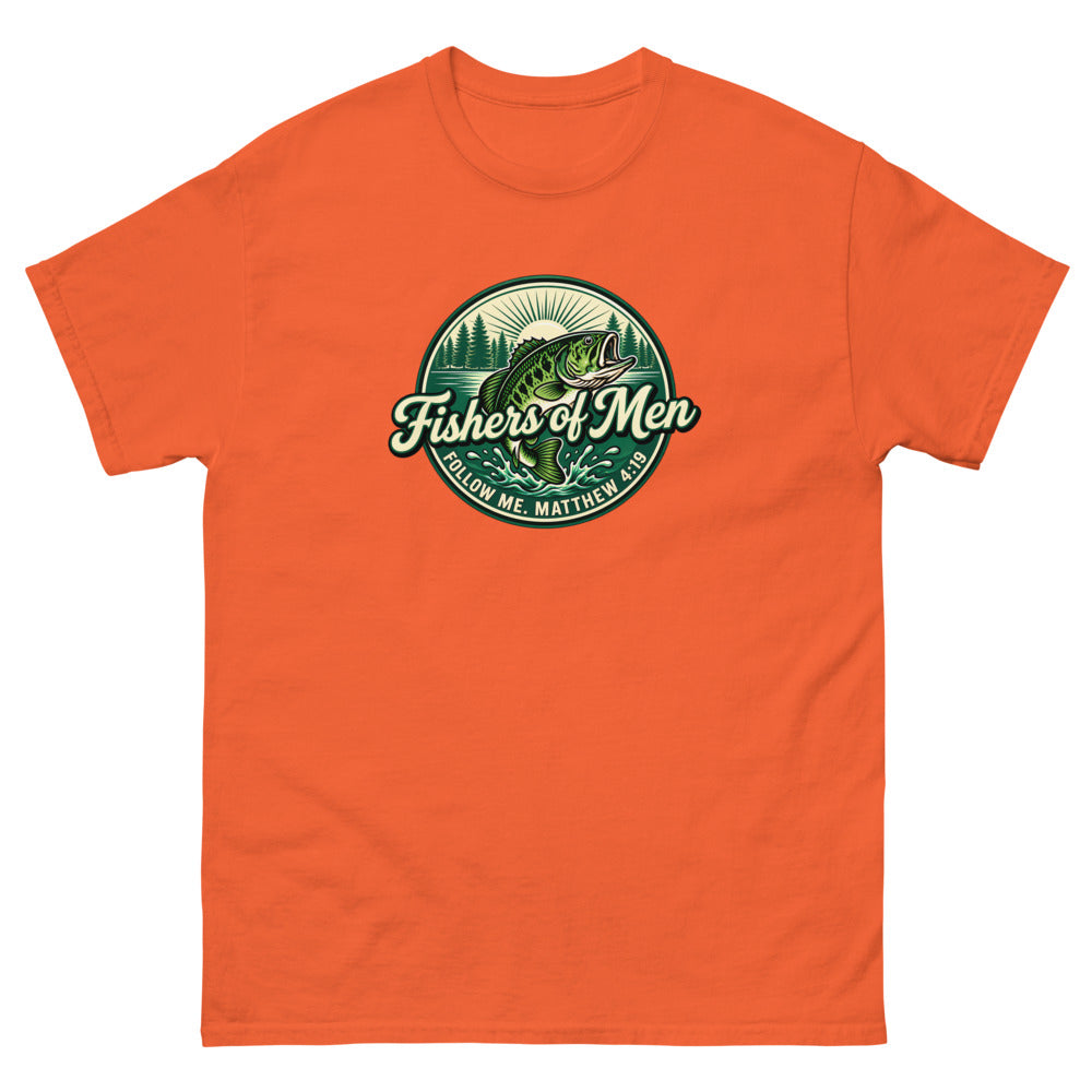 Green circular badge with a leaping bass reading Fishers of Men, Matthew 4:19 on a Orange shirt