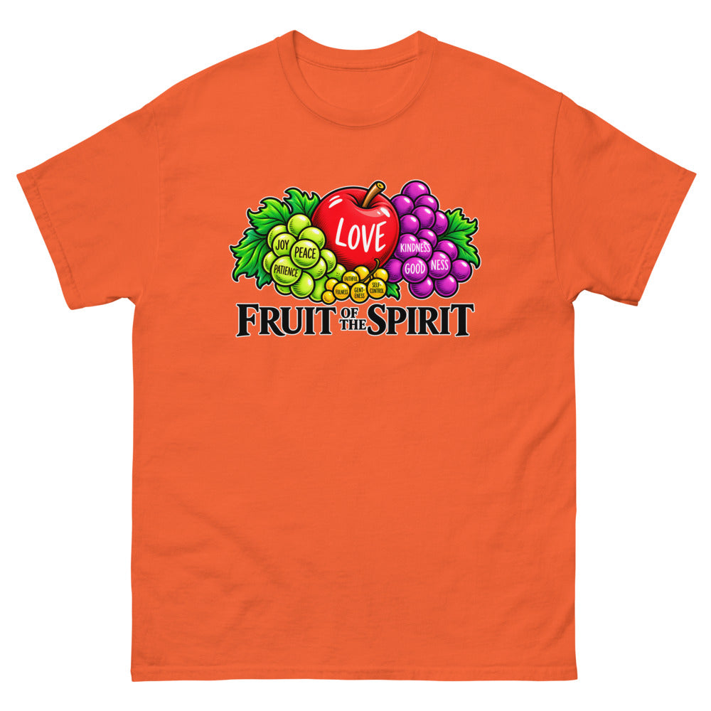 Illustrated fruit labelled with the fruit of the spirit under the words Fruit Of The Spirit on a Orange shirt