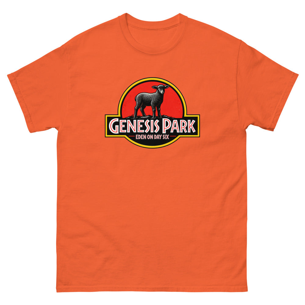 Movie logo parody with a lamb silhouette reading Genesis Park, Eden On Day Six on a Orange shirt
