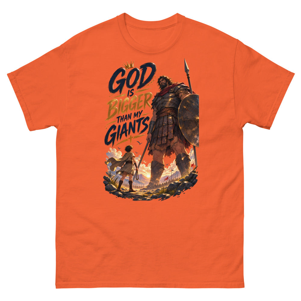 Anime David facing Goliath with the words God Is Bigger Than My Giants on a Orange shirt