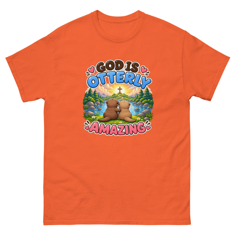 Two otters watching a sunrise with a cross and the words God Is Otterly Amazing on a Orange shirt
