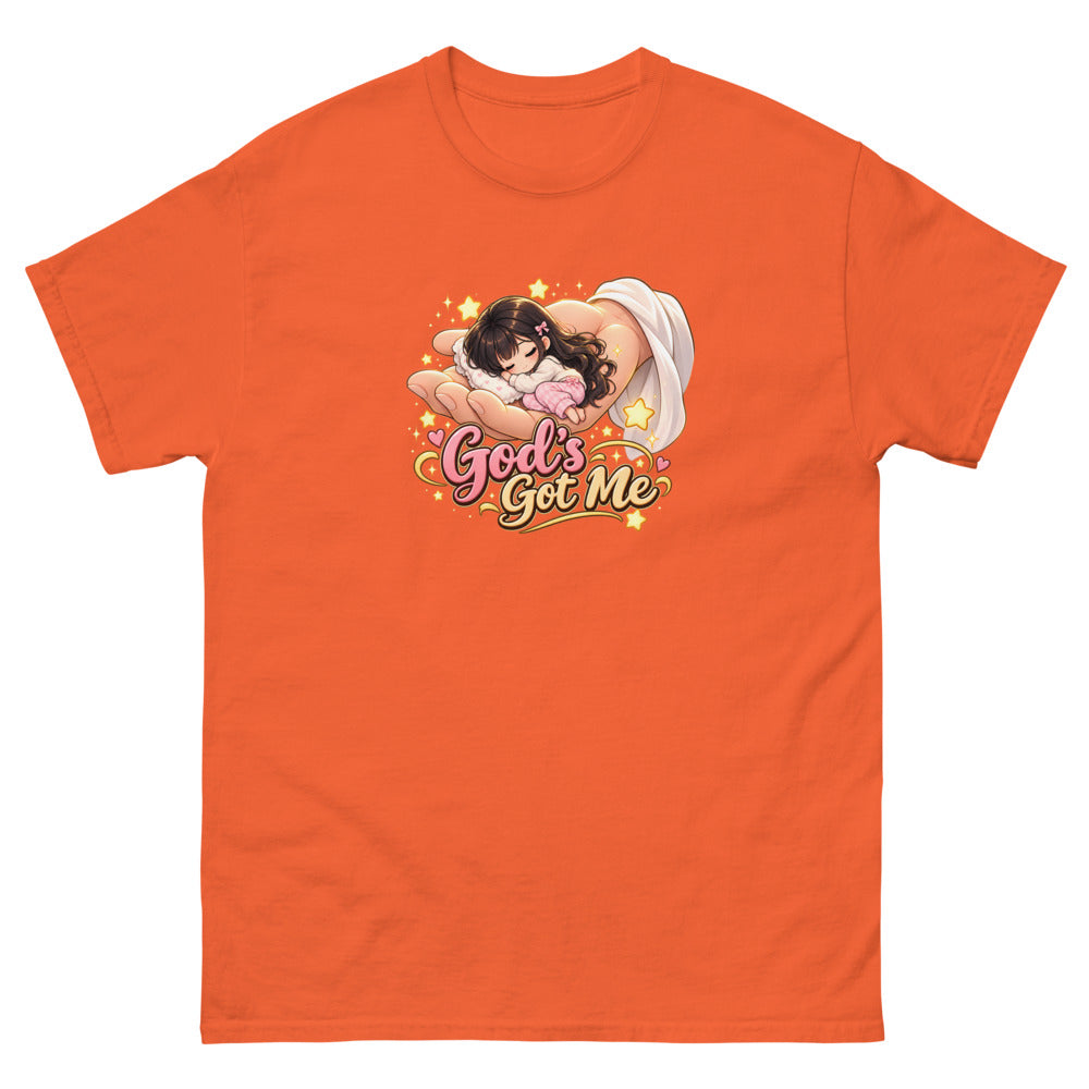 Chibi girl sleeping in the palm of God's hand with the words God's Got Me on a Orange shirt