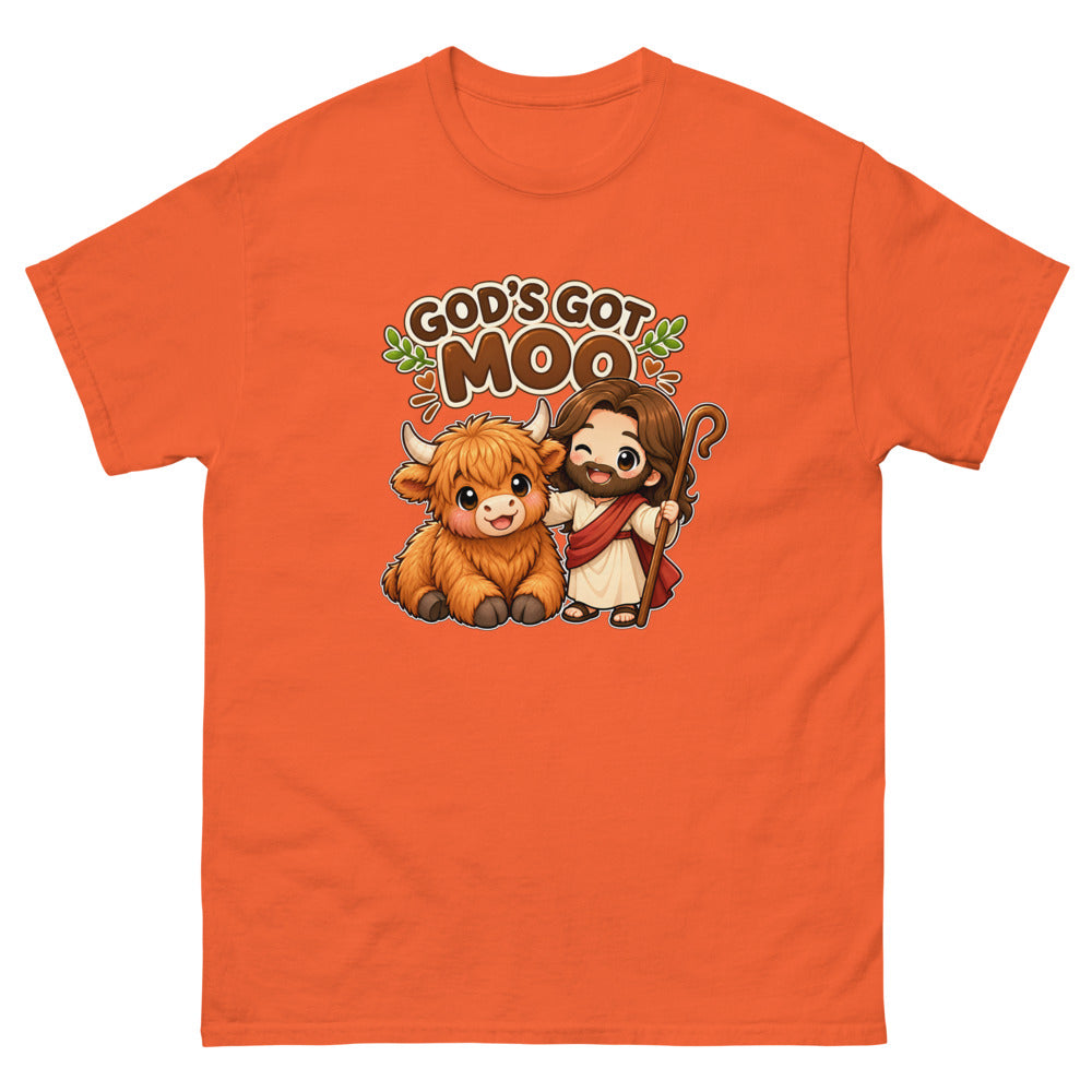 Cartoon highland cow with chibi Jesus and the words God's Got Moo on a Orange shirt