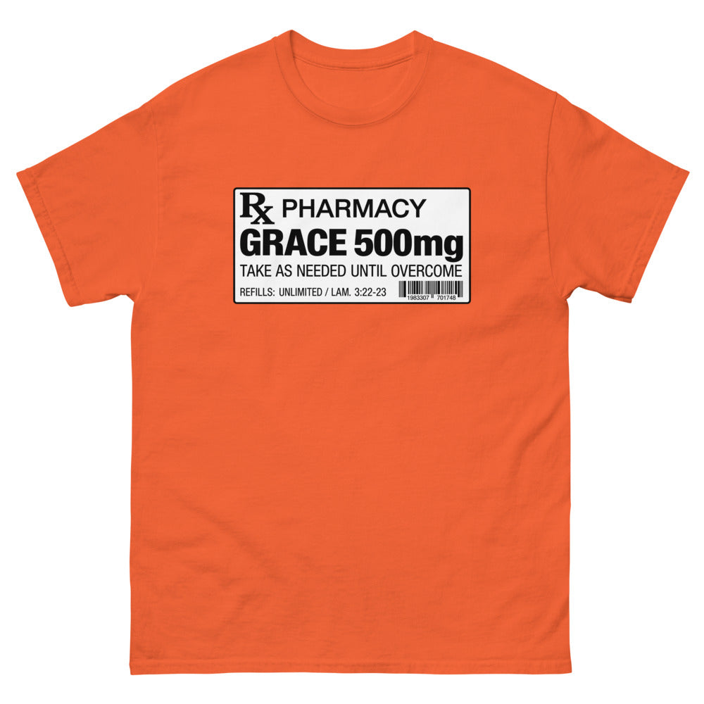 Pharmacy prescription label reading Grace 500mg, refills unlimited on a Orange shirt