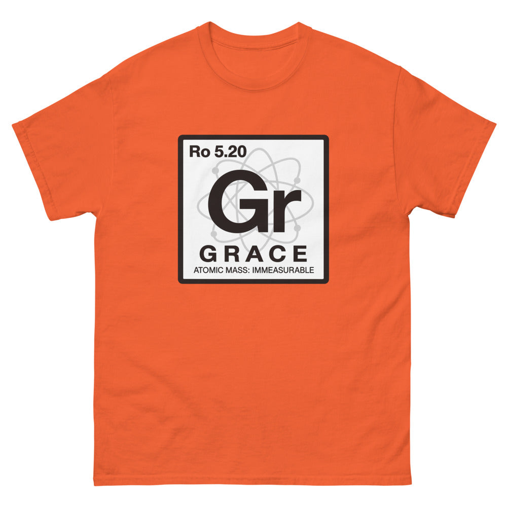 Periodic table tile reading Gr, Grace, atomic mass immeasurable on a Orange shirt