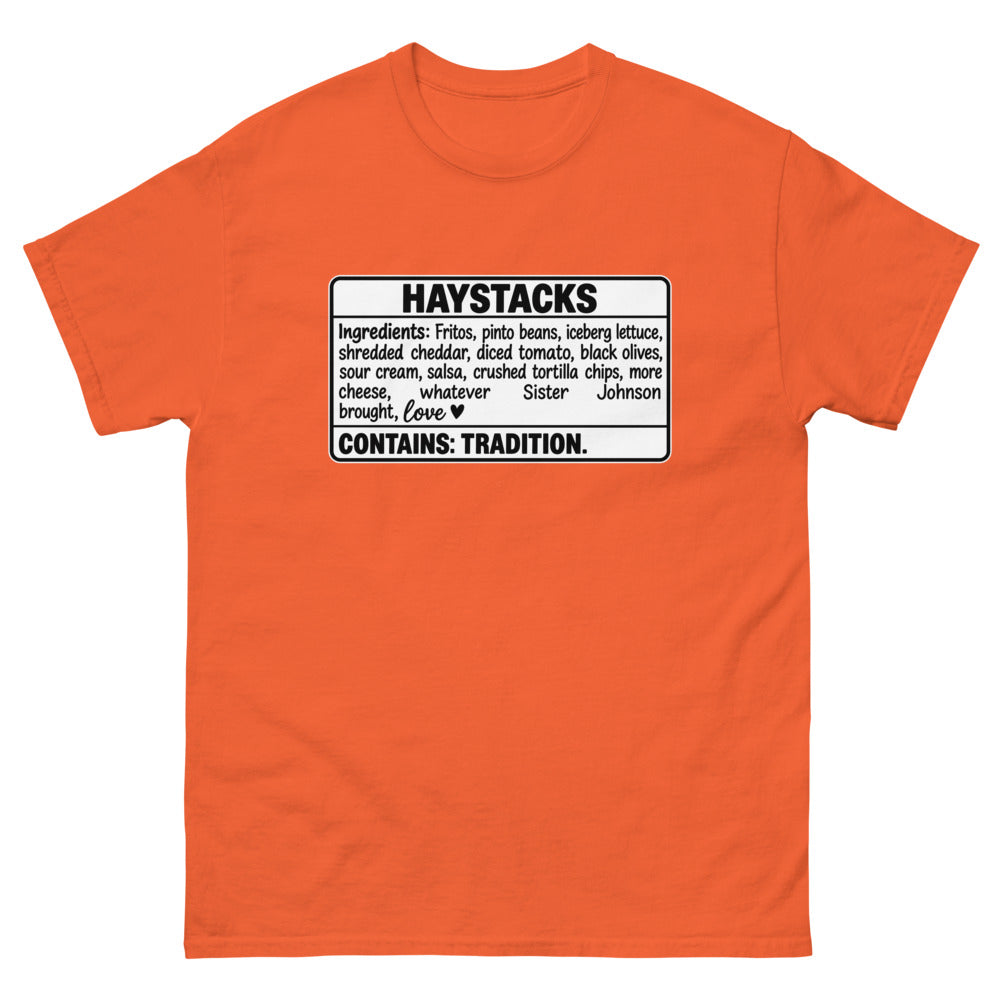 Ingredients label for haystacks ending with Contains: Tradition on a Orange shirt