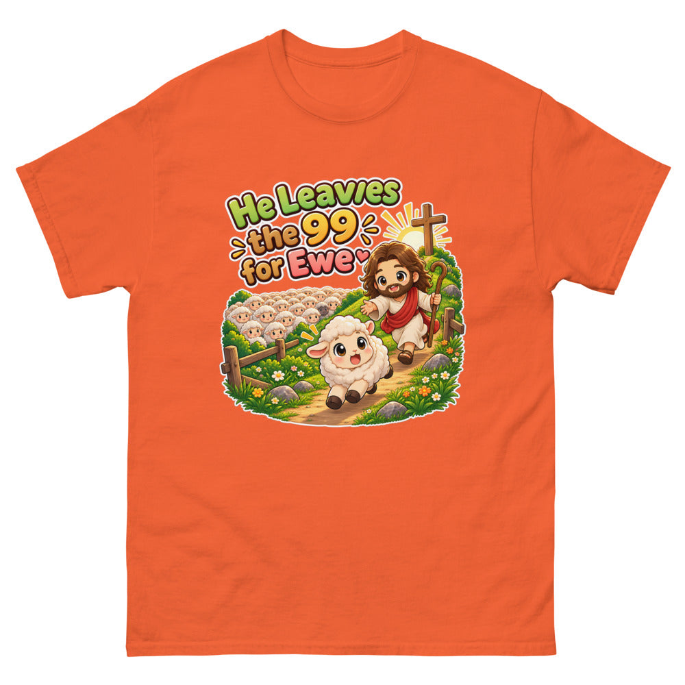 Chibi Jesus chasing one lamb away from the flock with the words He Leaves The 99 For Ewe on a Orange shirt