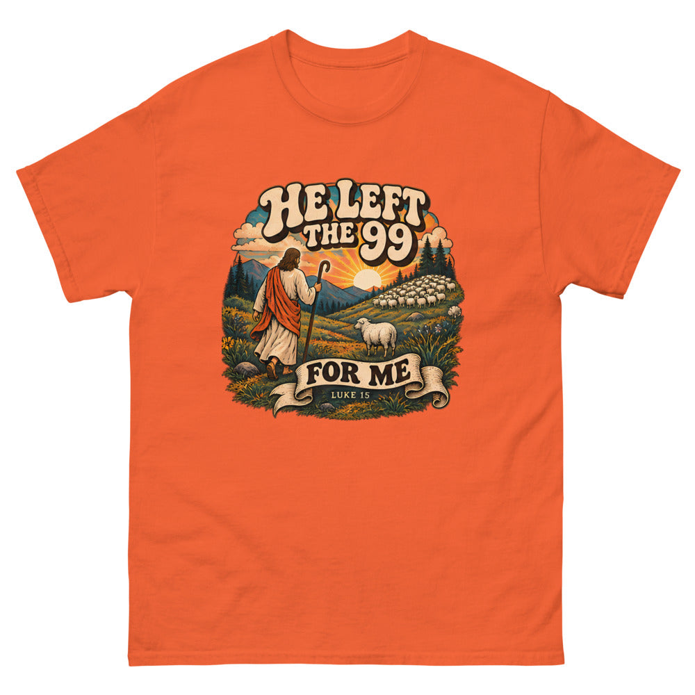 Retro hillside scene of a shepherd and one sheep reading He Left The 99 For Me on a Orange shirt