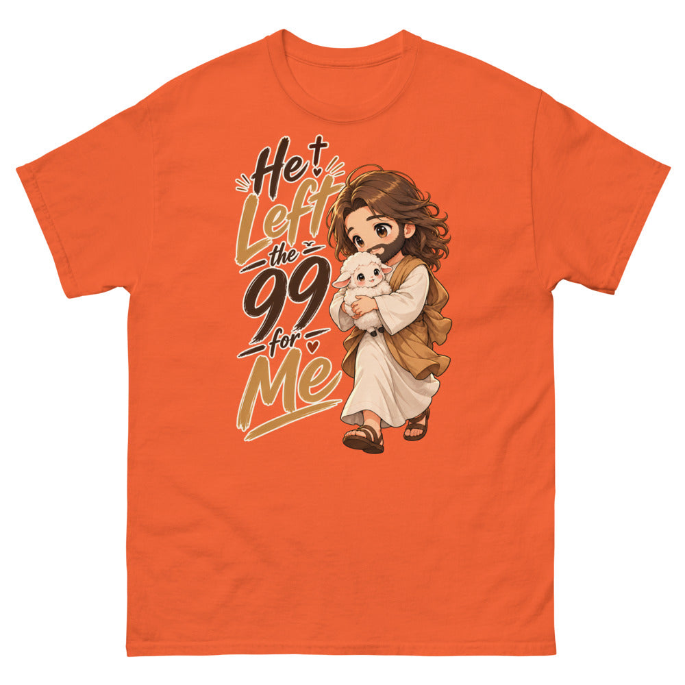 Chibi Jesus carrying a lamb with the words He Left The 99 For Me on a Orange shirt