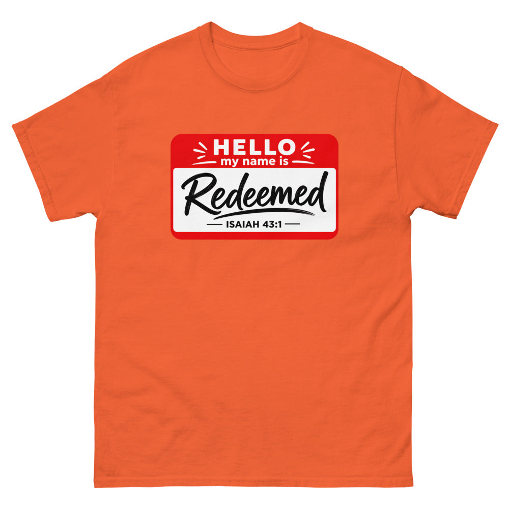Red and white name badge reading Hello my name is Redeemed, Isaiah 43:1 on a Orange shirt