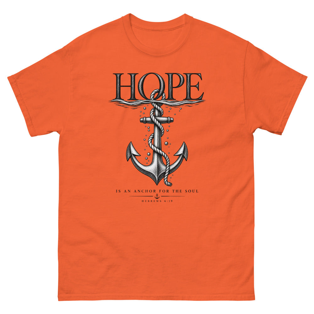Engraved anchor below the waterline with the words Hope Is An Anchor For The Soul on a Orange shirt