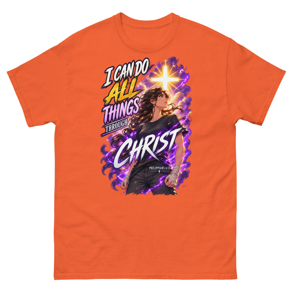 Anime woman under a glowing cross with the words I Can Do All Things Through Christ on a Orange shirt