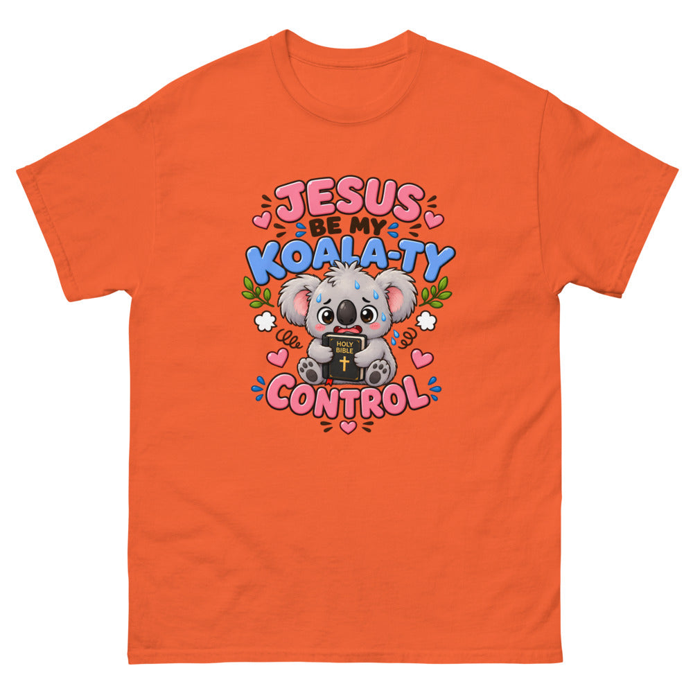 Cartoon koala holding a Bible with the words Jesus Be My Koala-ty Control on a Orange shirt