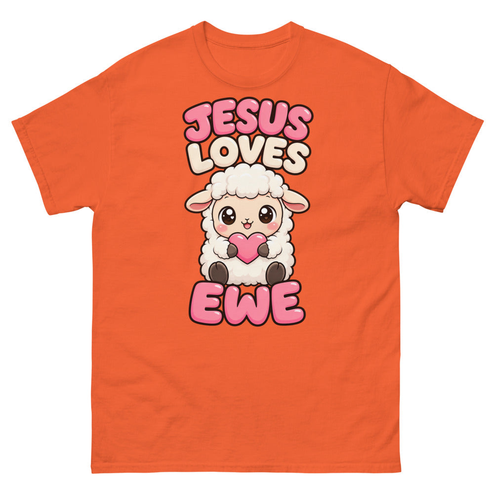 Cartoon lamb holding a heart with the words Jesus Loves Ewe on a Orange shirt
