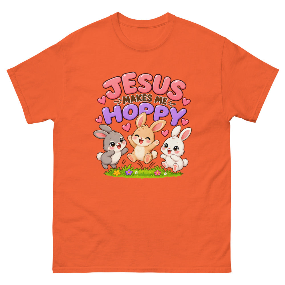 Three cartoon bunnies jumping with the words Jesus Makes Me Hoppy on a Orange shirt
