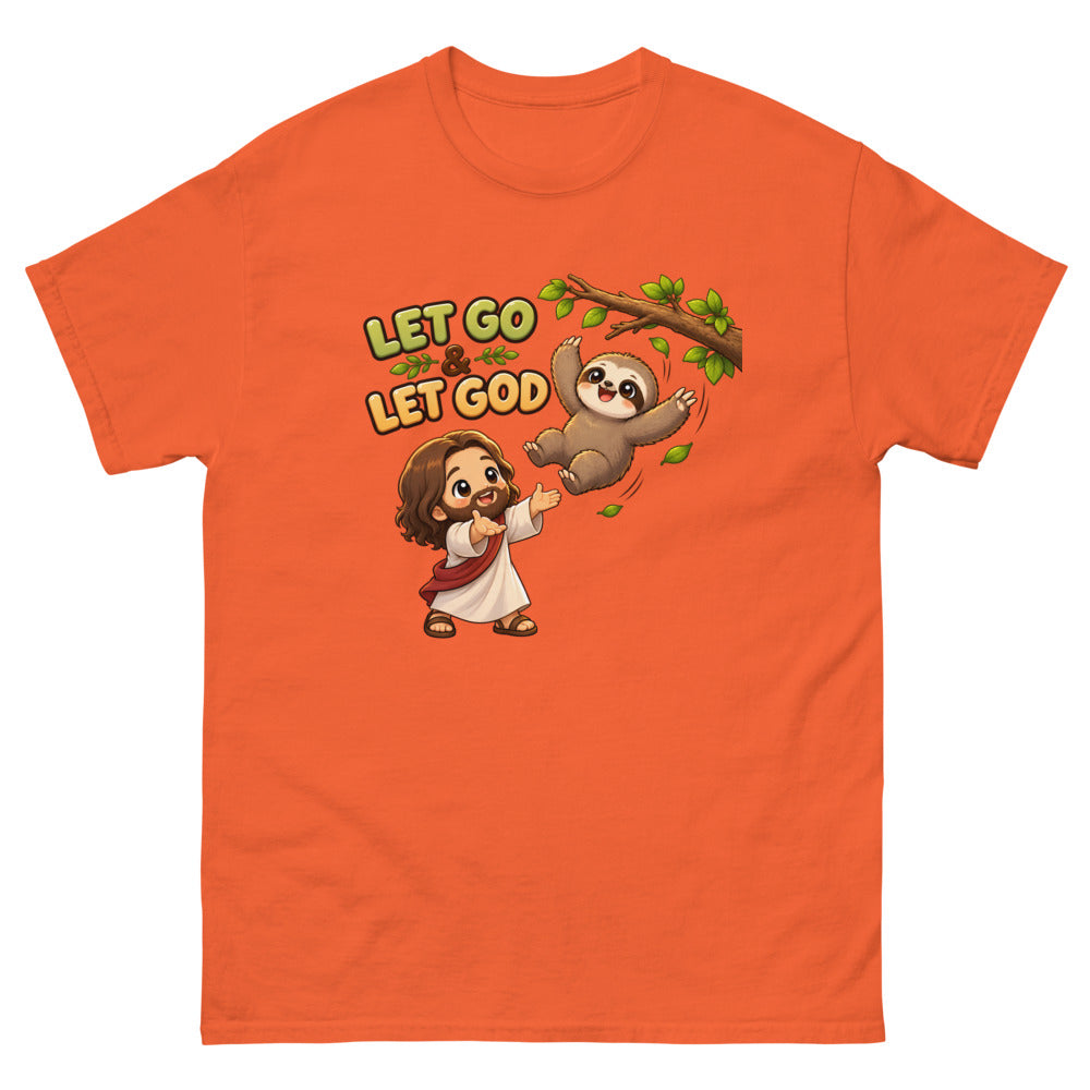 Cartoon sloth falling from a branch toward Jesus with the words Let Go And Let God on a Orange shirt