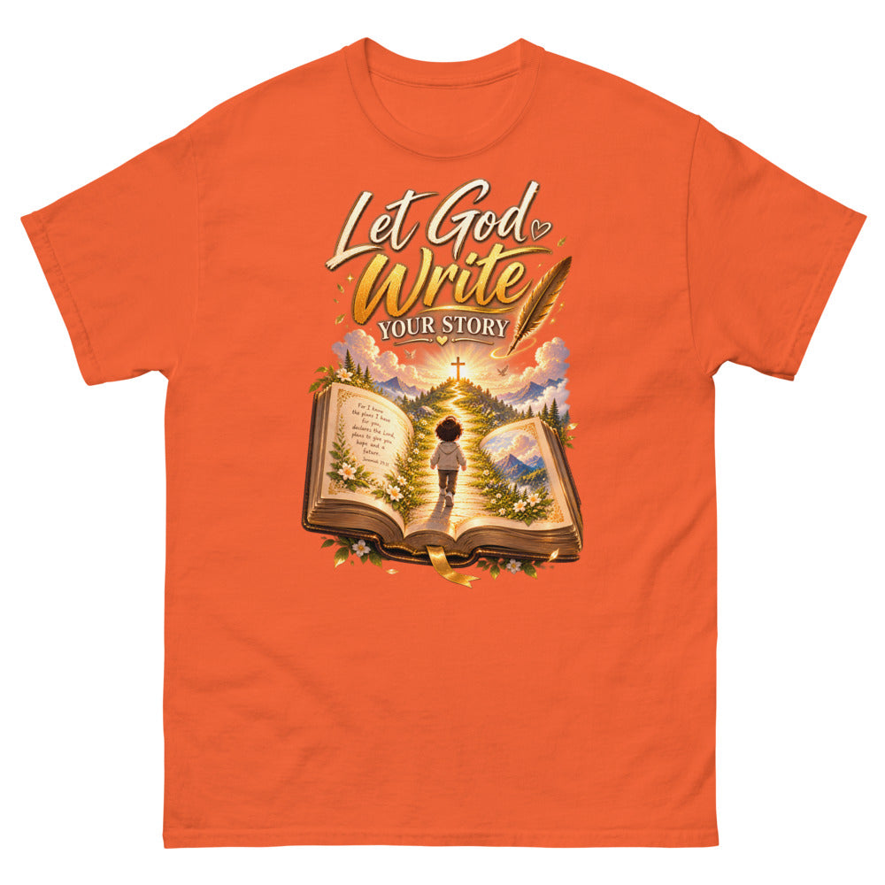 Open Bible with a child walking toward a cross and the words Let God Write Your Story on a Orange shirt