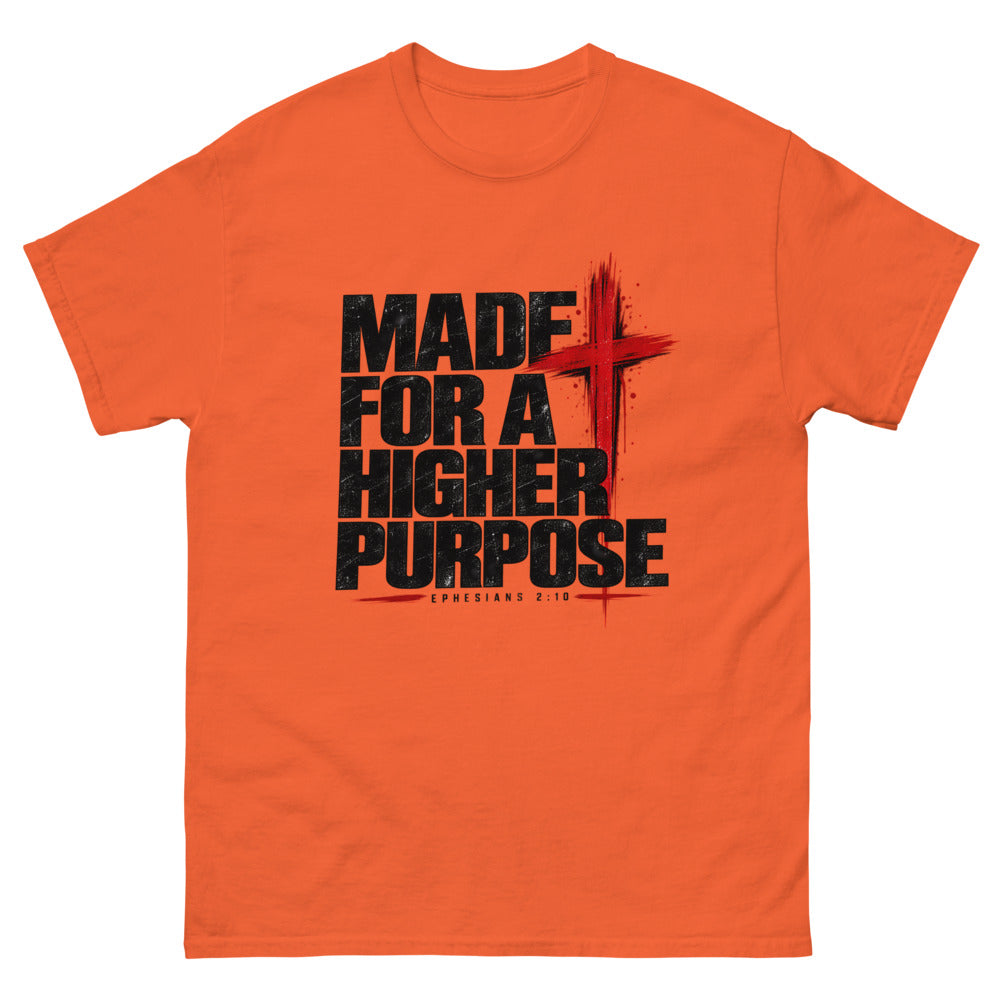 Heavy black caps with a red brush cross reading Made For A Higher Purpose on a Orange shirt