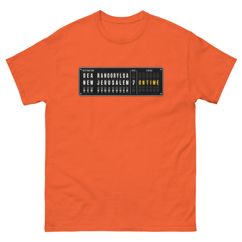 Split flap departure board reading New Jerusalem, gate 7, on time on a Orange shirt