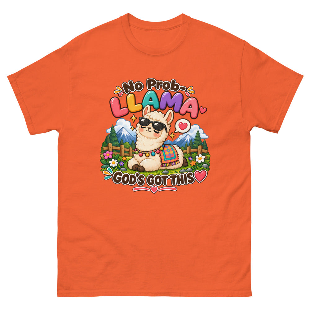 Cartoon llama in sunglasses with the words No Prob-Llama God's Got This on a Orange shirt