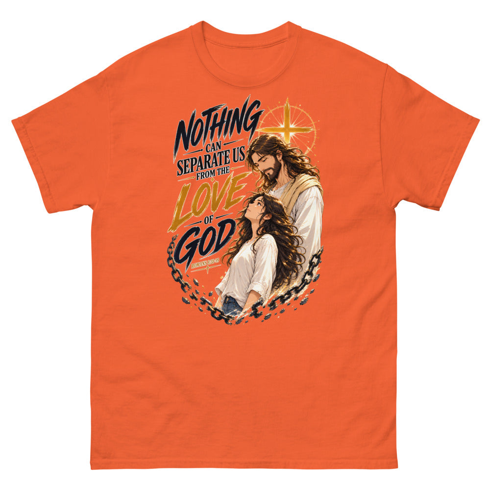 Anime illustration of Jesus and a young woman with broken chains and the words Nothing Can Separate Us From The Love Of God on a Orange shirt