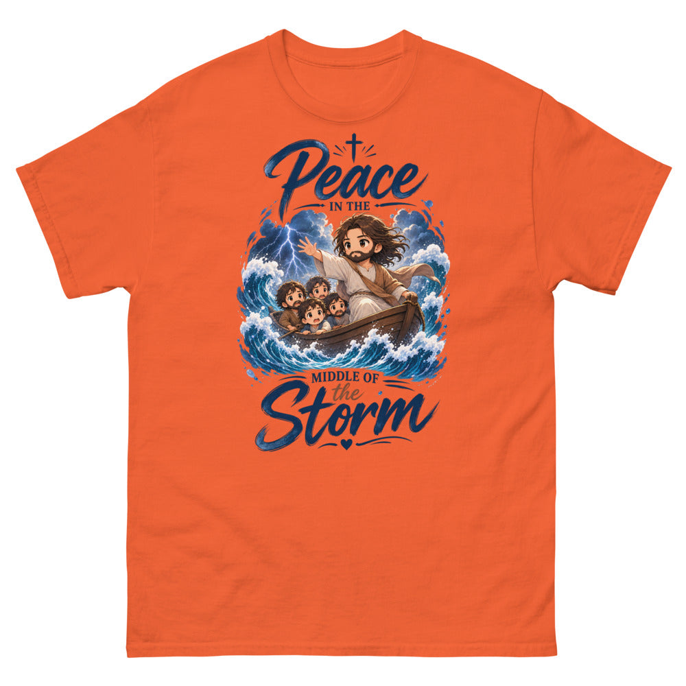 Chibi Jesus calming a storm in a boat with the words Peace In The Middle Of The Storm on a Orange shirt