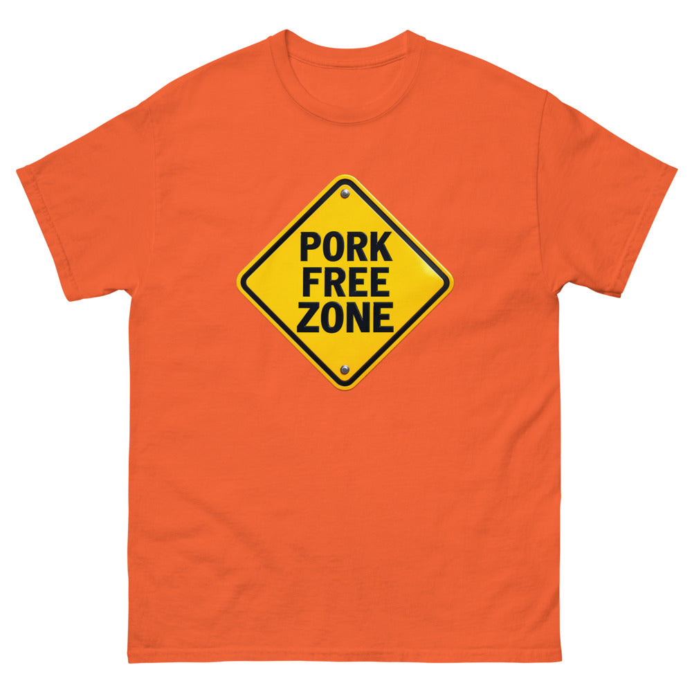 Yellow diamond road sign reading Pork Free Zone on a Orange shirt