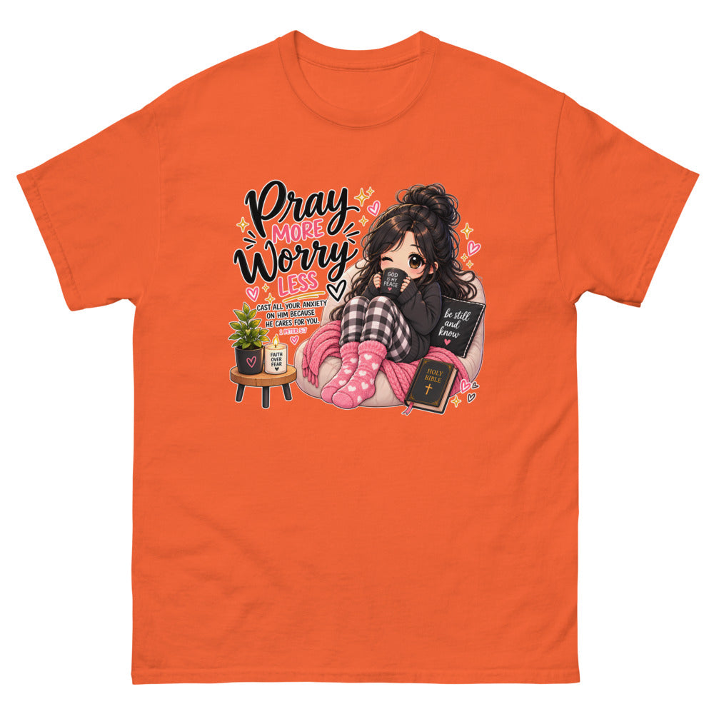 Cozy chibi girl with a mug and Bible with the words Pray More Worry Less on a Orange shirt