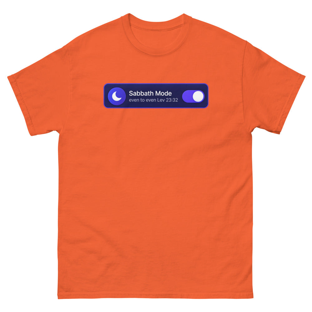 Phone settings toggle switched on reading Sabbath Mode, even to even on a Orange shirt