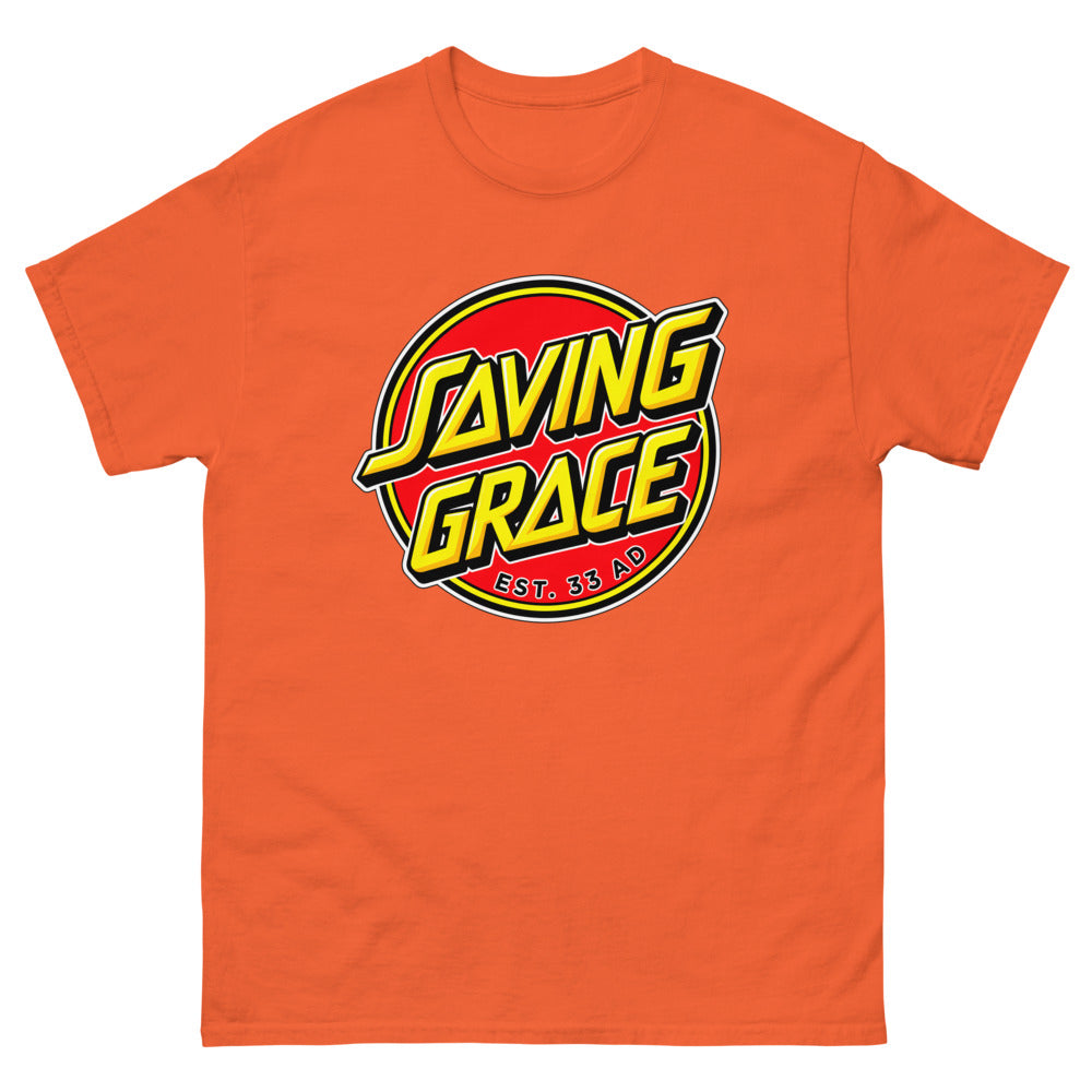 Red circle skate logo reading Saving Grace, Est. 33 AD on a Orange shirt