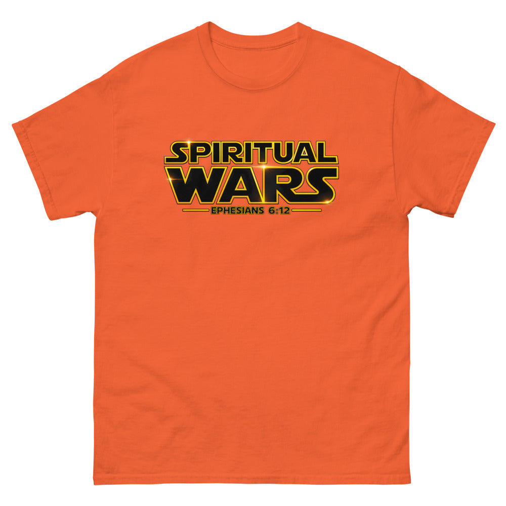 Film logo parody reading Spiritual Wars with Ephesians 6:12 on a Orange shirt