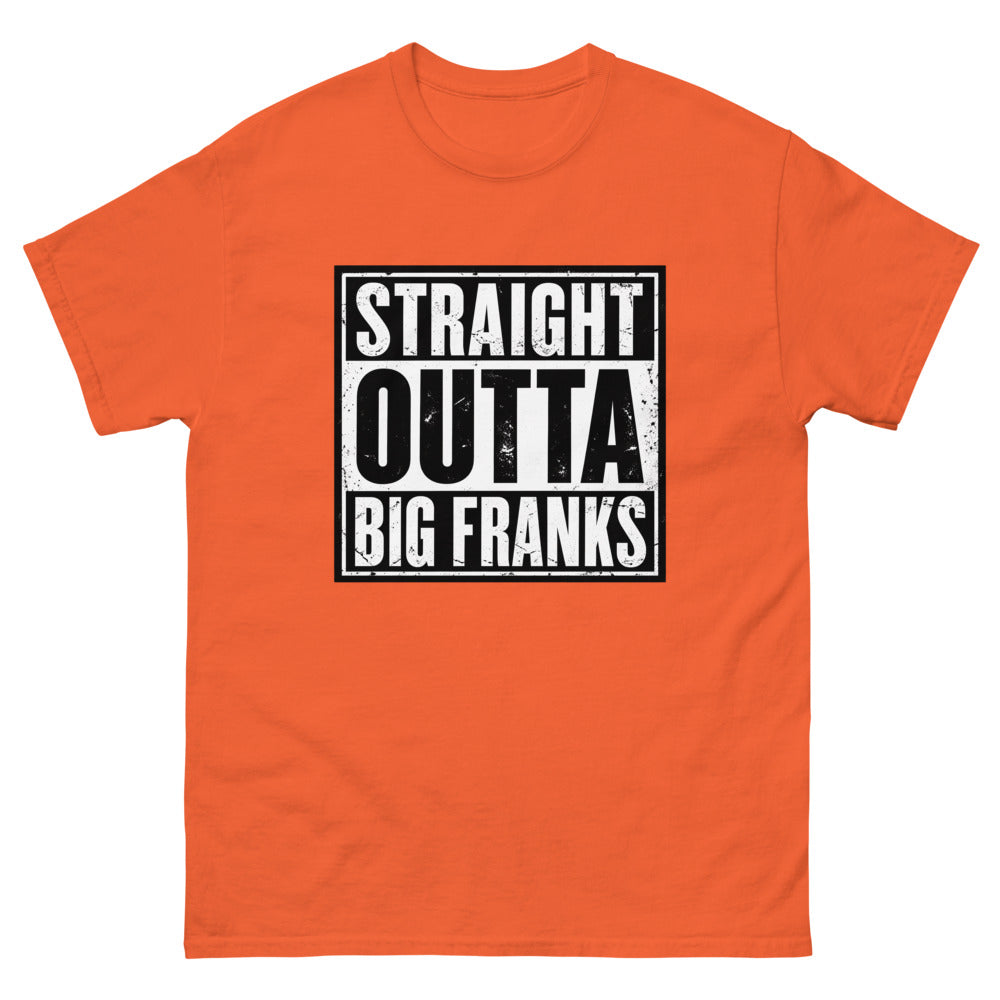 Distressed block lettering reading Straight Outta Big Franks on a Orange shirt