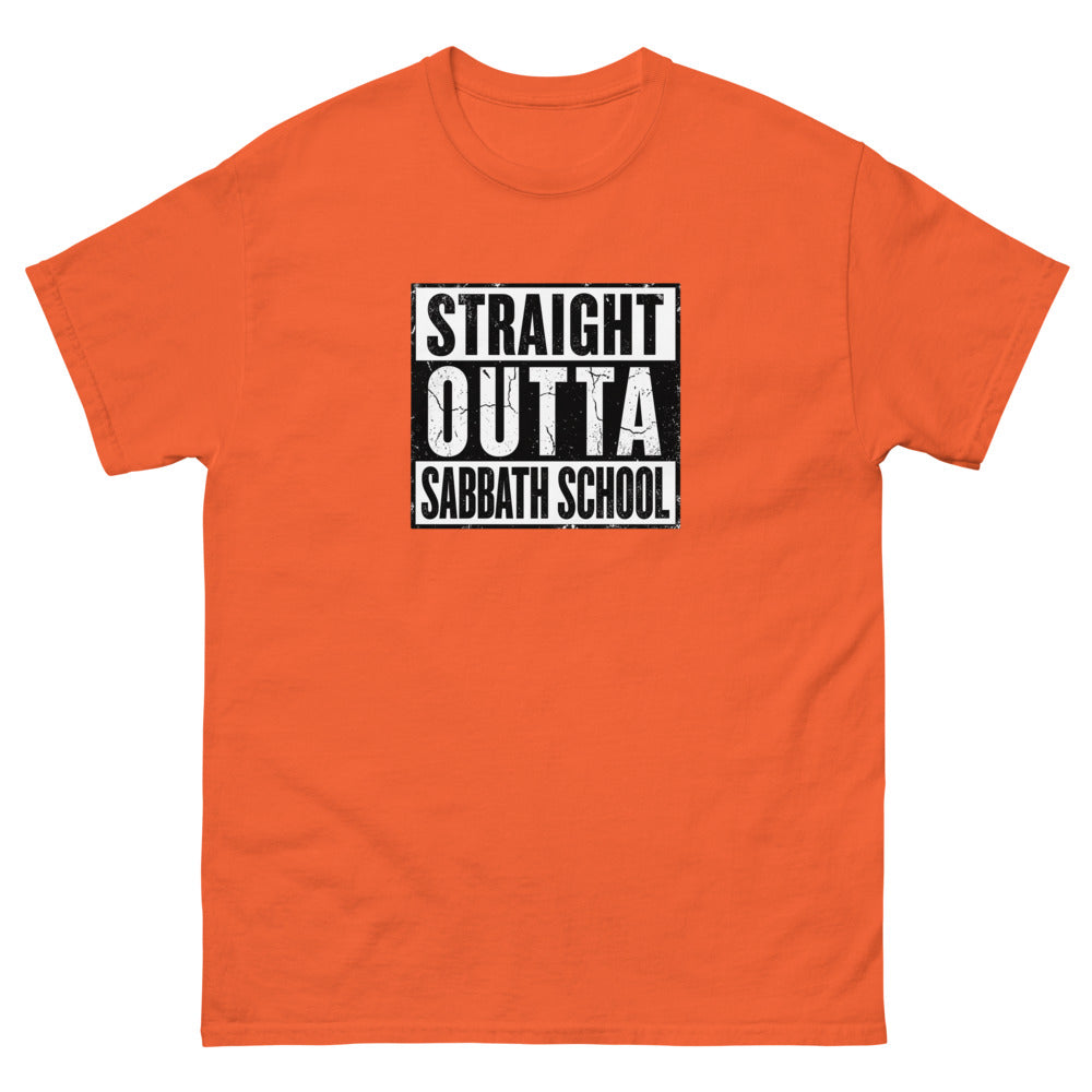 Distressed block lettering reading Straight Outta Sabbath School on a Orange shirt