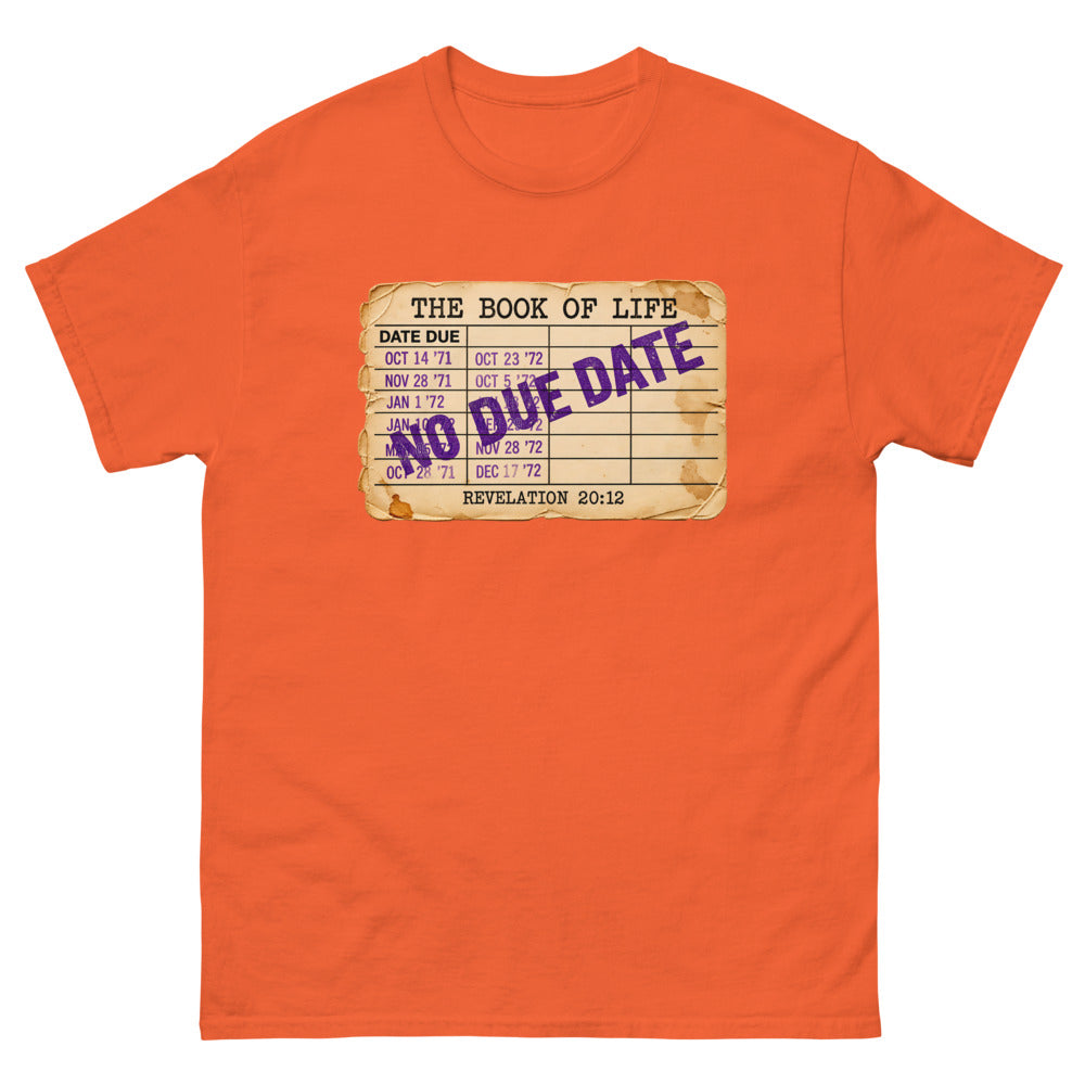 Vintage library due date card headed The Book Of Life stamped No Due Date on a Orange shirt