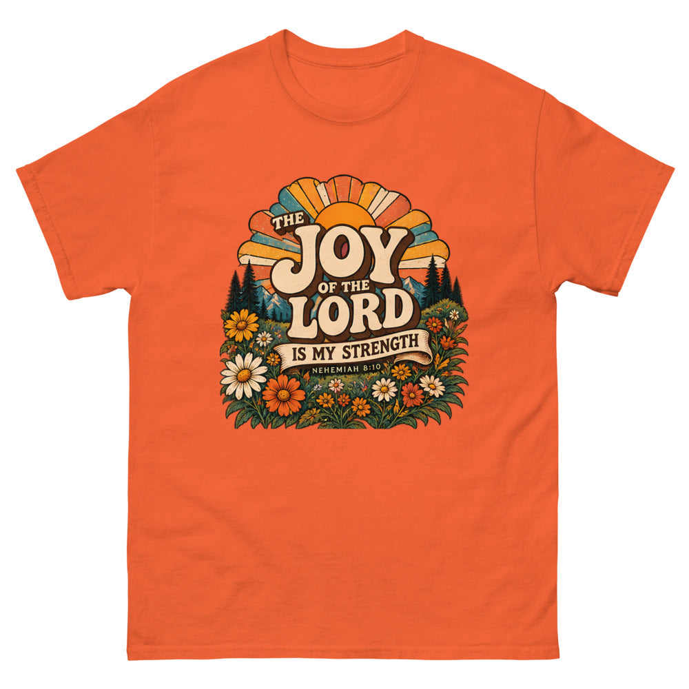 Retro sunburst and wildflowers reading The Joy Of The Lord Is My Strength on a Orange shirt