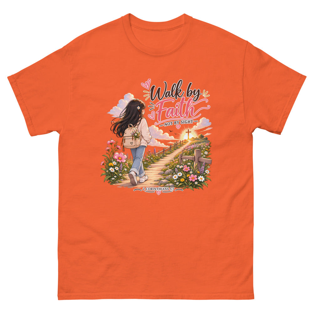 Chibi girl walking a flower-lined path toward a cross with the words Walk By Faith Not By Sight on a Orange shirt