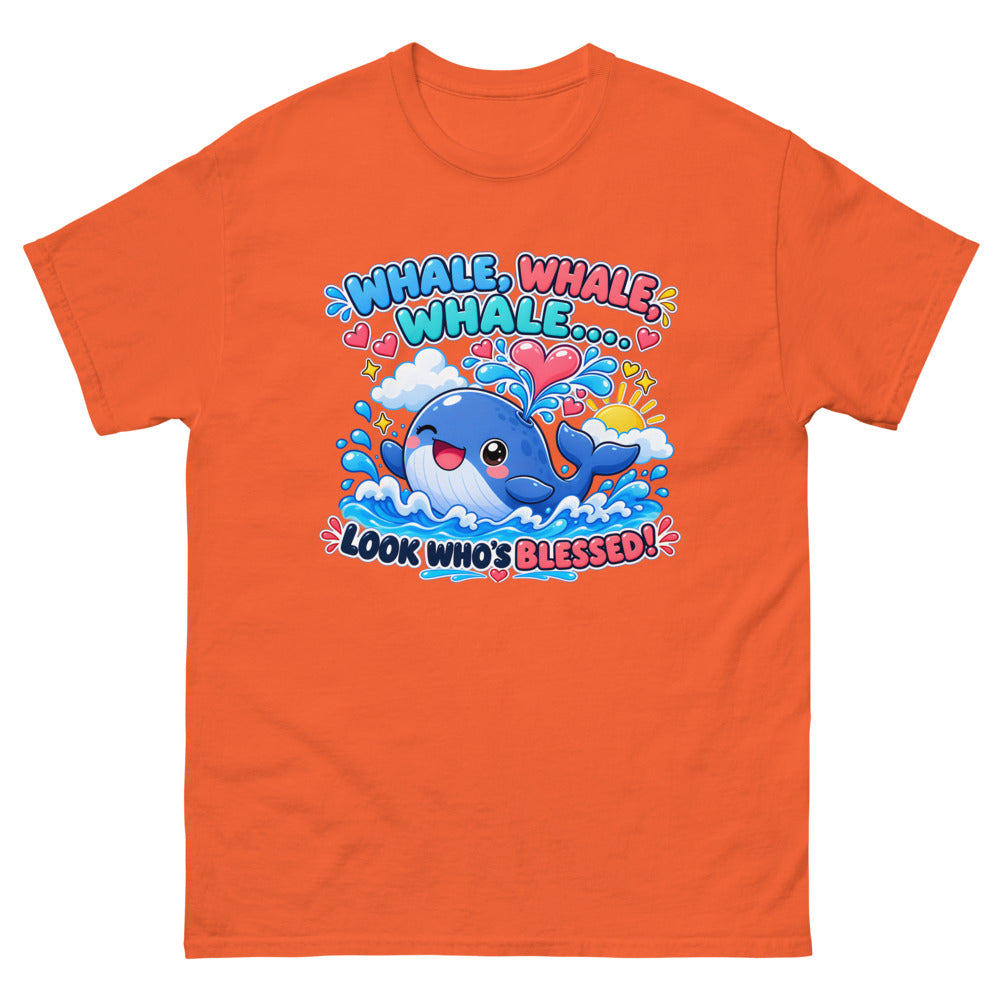 Cartoon whale spouting hearts with the words Whale Whale Whale Look Who's Blessed on a Orange shirt