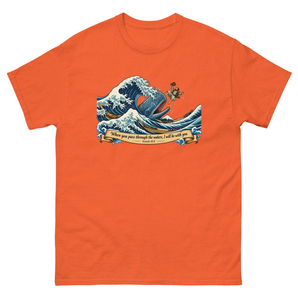 Woodblock style great wave with Jonah and a whale and the words When you pass through the waters I will be with you on a Orange shirt