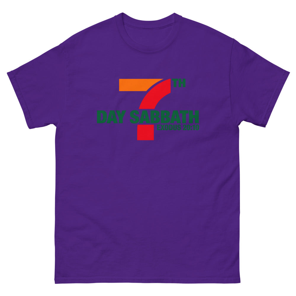 Orange red and green sign parody reading 7th Day Sabbath, Exodus 20:10 on a Purple shirt