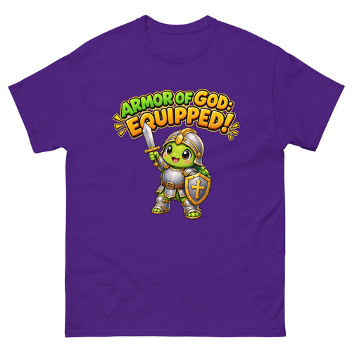 Cartoon turtle in knight armor with sword and shield and the words Armor Of God Equipped on a Purple shirt