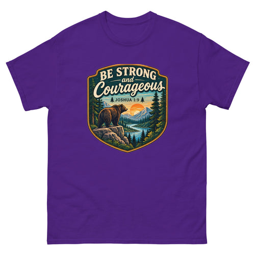 Shield badge with a bear on a rock reading Be Strong And Courageous on a Purple shirt